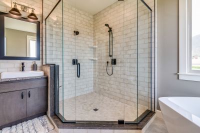 Walk-in Shower with Black Fixtures
